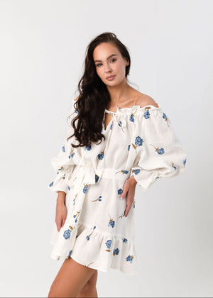 MOONLOVE Mini Linen Dress Blue Roses