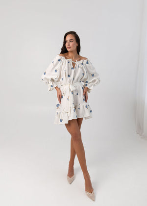 MOONLOVE Mini Linen Dress Blue Roses