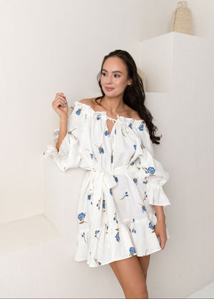 MOONLOVE Mini Linen Dress Blue Roses