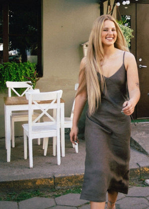 SENSE Linen Slip Dress Dark Brown