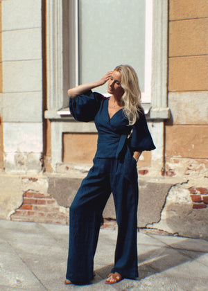Dune Linen Wrap Blouse With Puff Sleeves Navy Blue