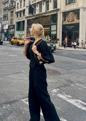 Dune Linen Wrap Blouse With Puff Sleeves Black