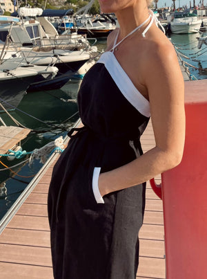 PARIS Linen Halter Dress With Flower Detail