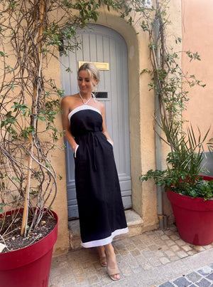 PARIS Linen Halter Dress With Flower Detail