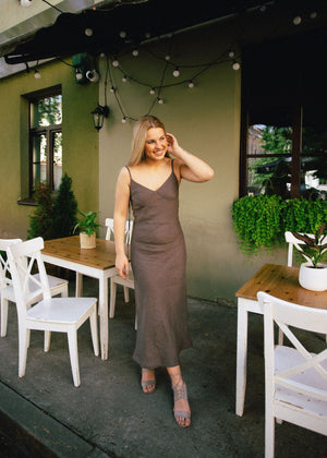 SENSE Linen Slip Dress Dark Brown