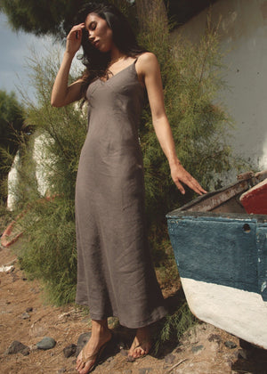 SENSE Linen Slip Dress Dark Brown