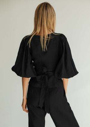 Dune Linen Wrap Blouse With Puff Sleeves Black