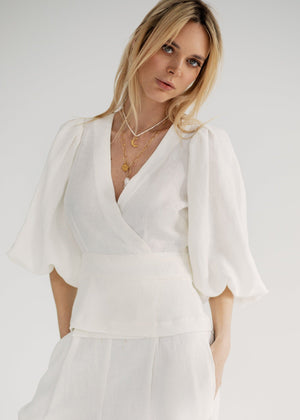 Dune Linen Wrap Blouse With Puff Sleeves White