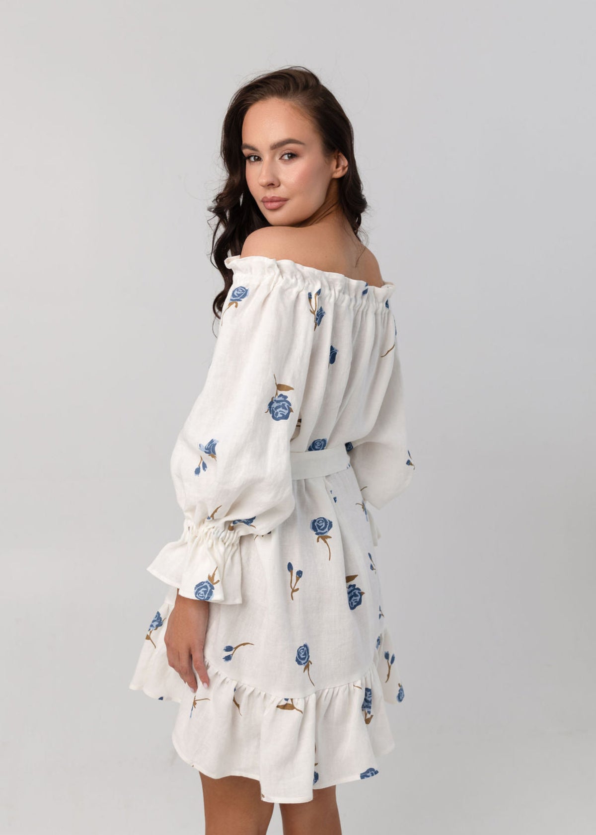 MOONLOVE Mini Linen Dress Blue Roses