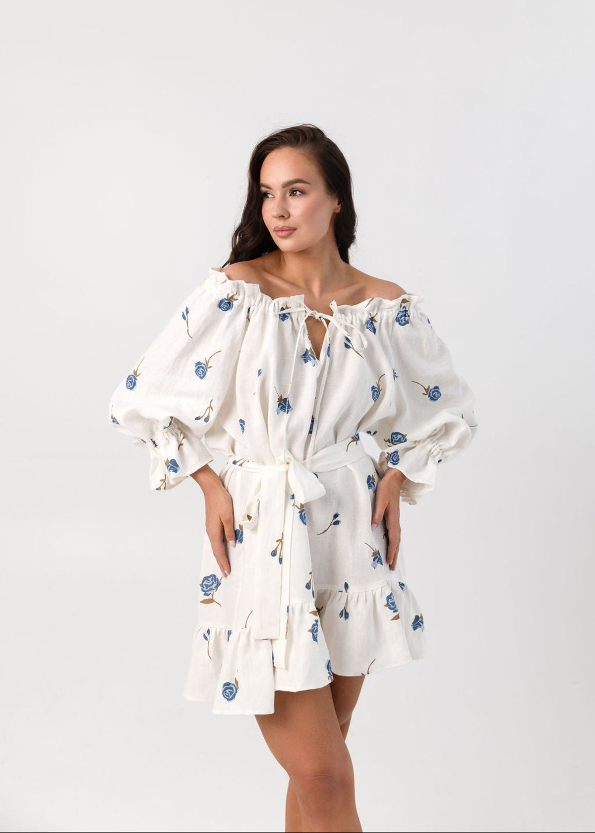 MOONLOVE Mini Linen Dress Blue Roses