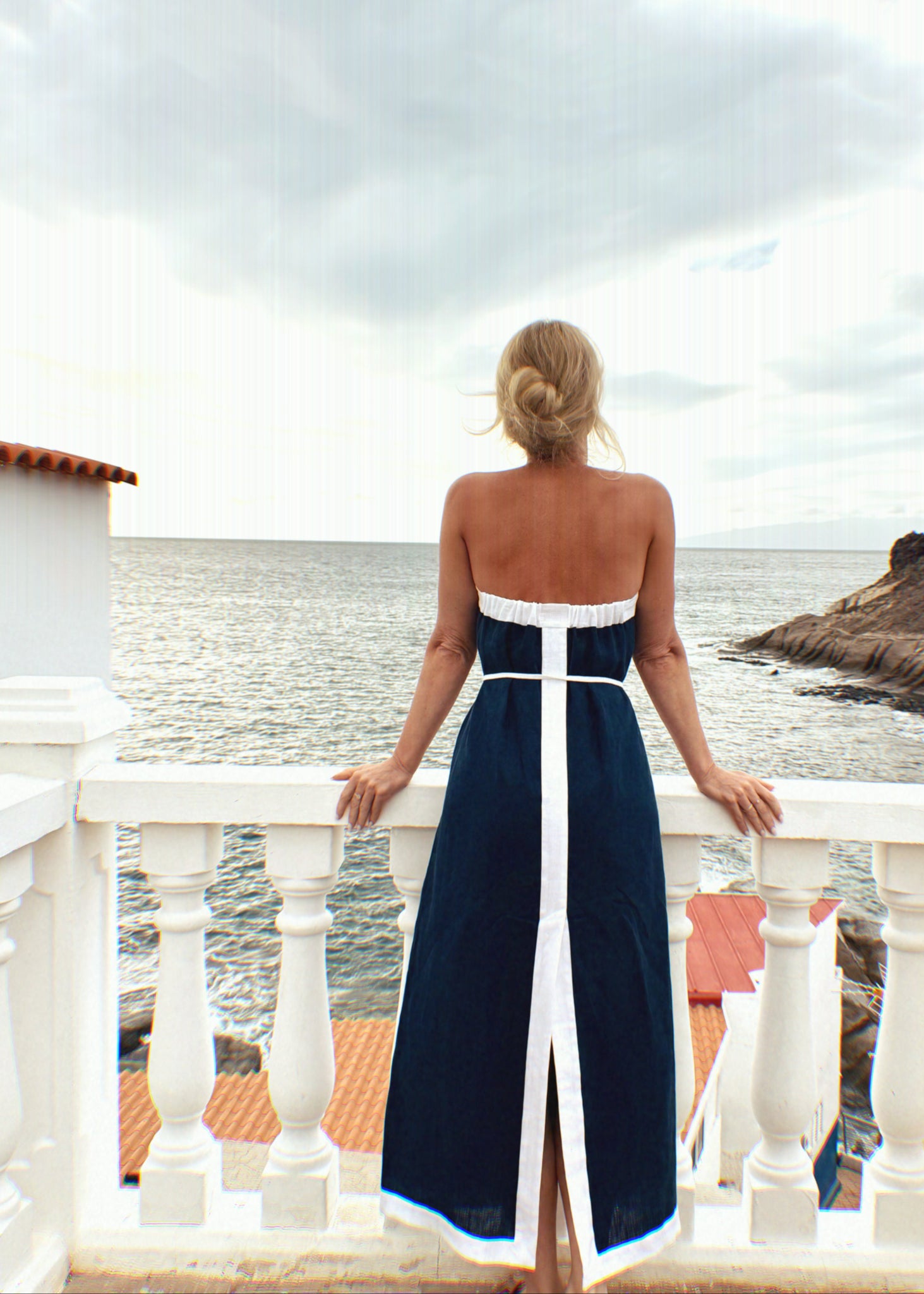 blue linen strapless dress Riviera Linen Strapless Dress Navy Blue | Bohomey