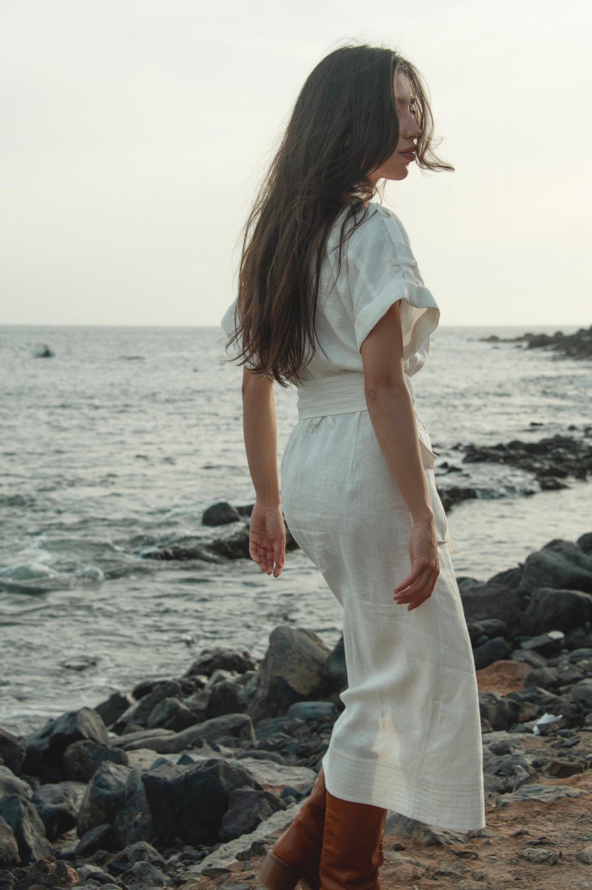 ecru linen dress Burk Elastic Waist Linen Blend Midi Dress