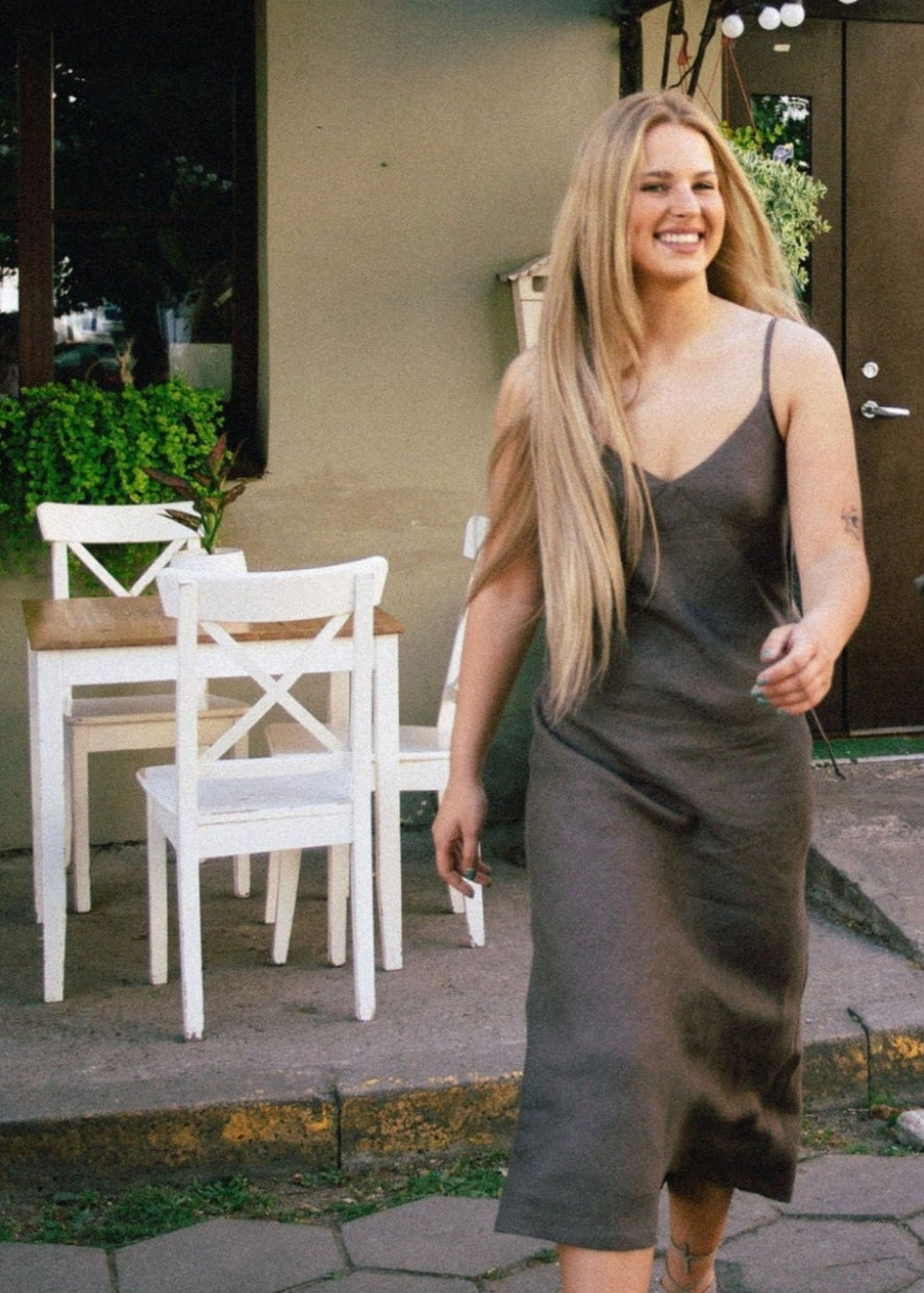 SENSE Linen Slip Dress Dark Brown