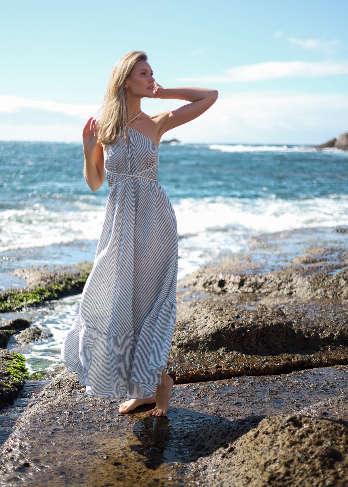 linen maxi dress blue Dark Blue Long Sleeve Linen Maxi Dress from NikkaPlace
