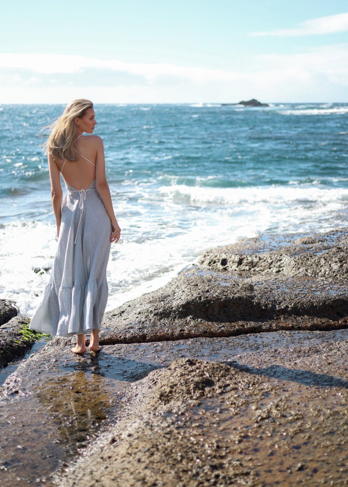 MIRAGE Linen Maxi Dress Blue Striped