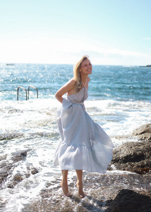 MIRAGE Linen Maxi Dress Blue Striped