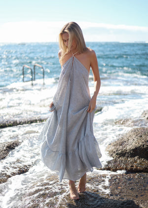 MIRAGE Linen Maxi Dress Blue Striped