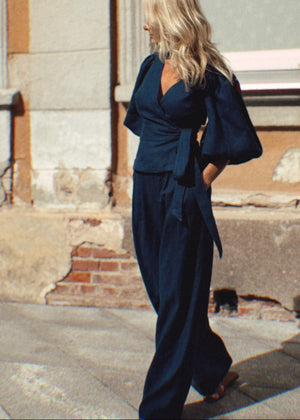 Porto Linen Wide Leg Trousers Navy Blue