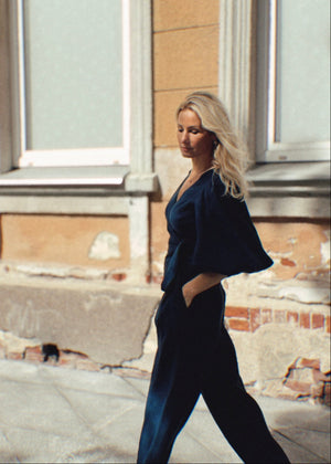 Porto Linen Wide Leg Trousers Navy Blue