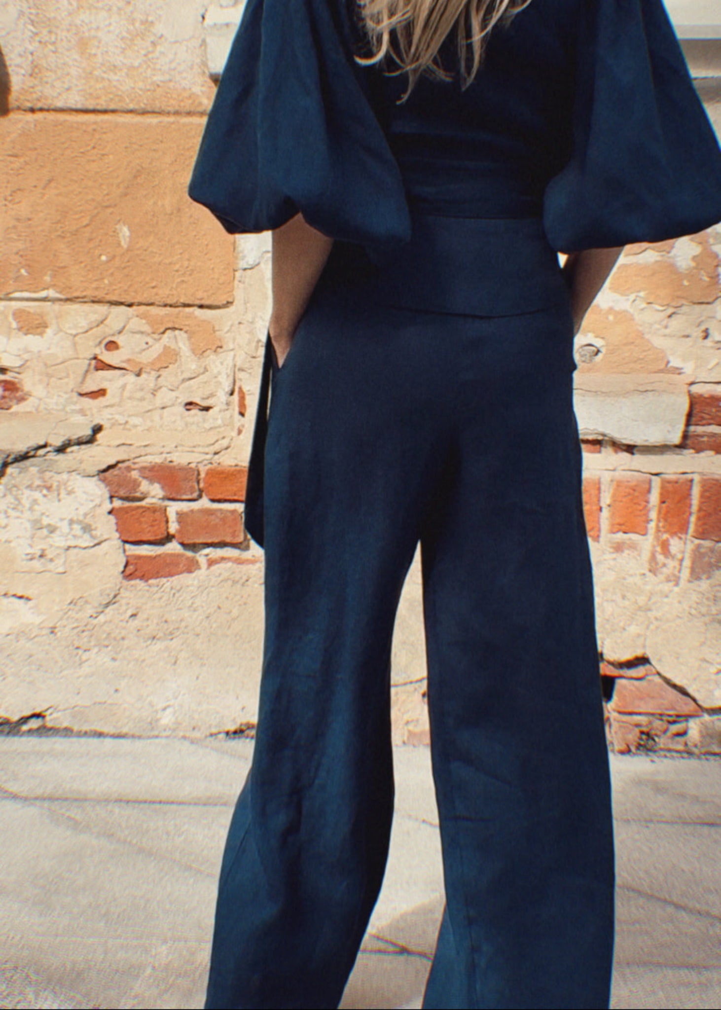 Porto Linen Wide Leg Trousers Navy Blue