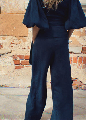 Porto Linen Wide Leg Trousers Navy Blue