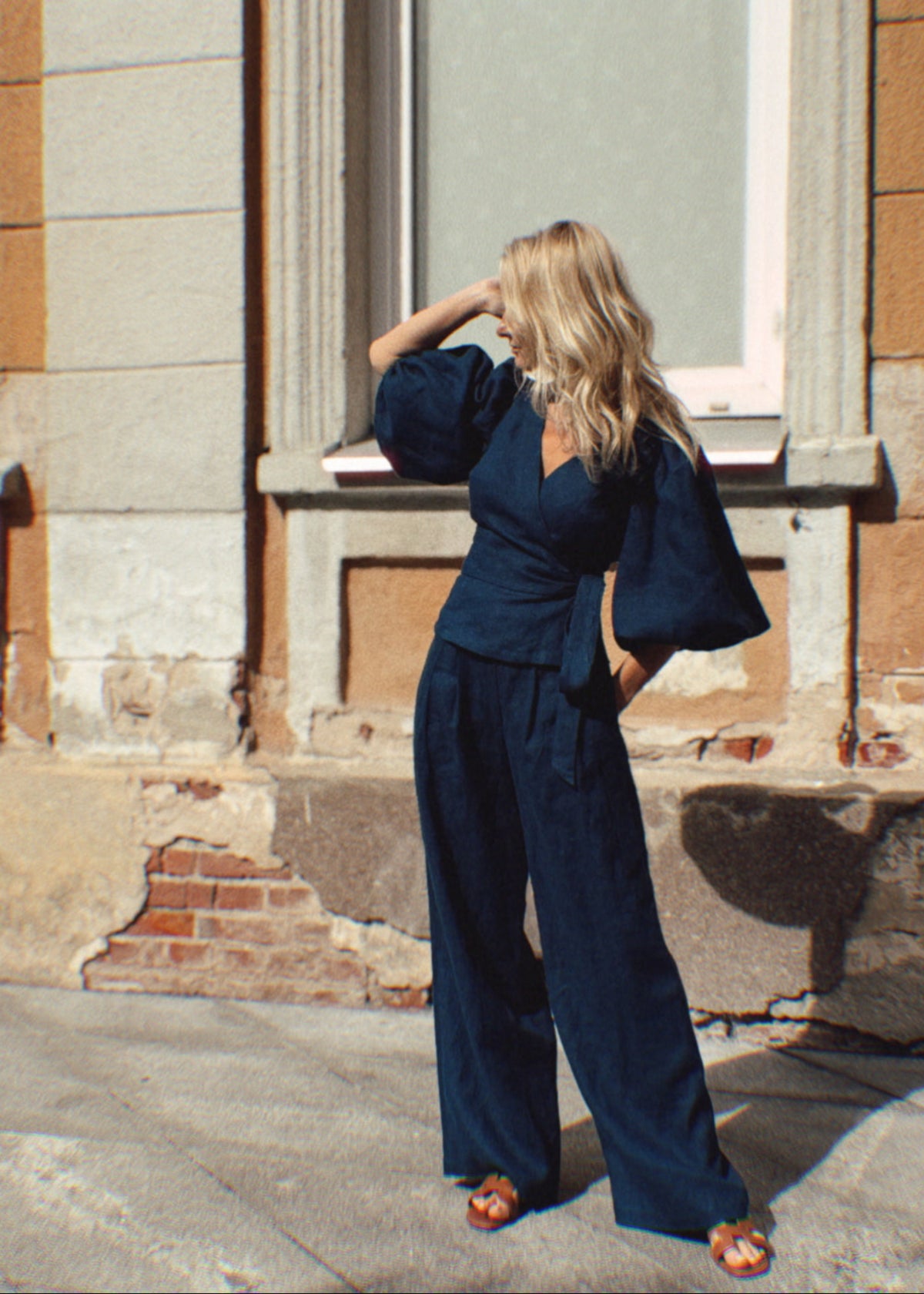 Porto Linen Wide Leg Trousers Navy Blue