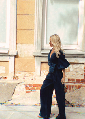 Porto Linen Wide Leg Trousers Navy Blue