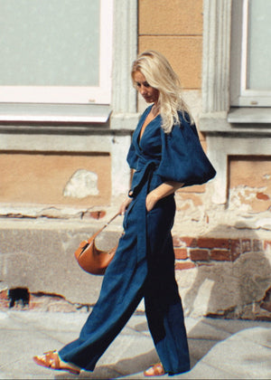 Dune Linen Wrap Blouse With Puff Sleeves Navy Blue