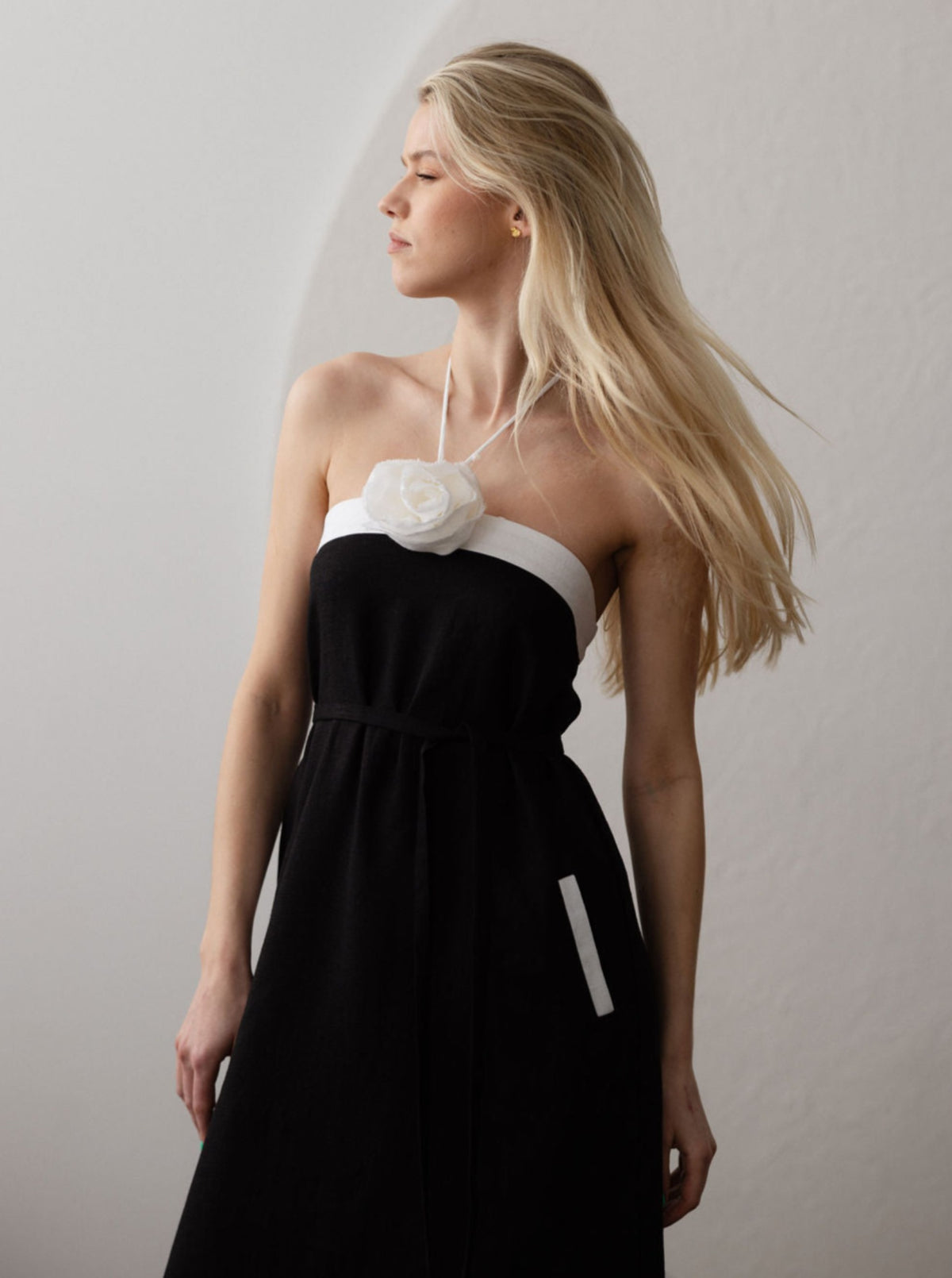 PARIS Linen Halter Dress With Flower Detail