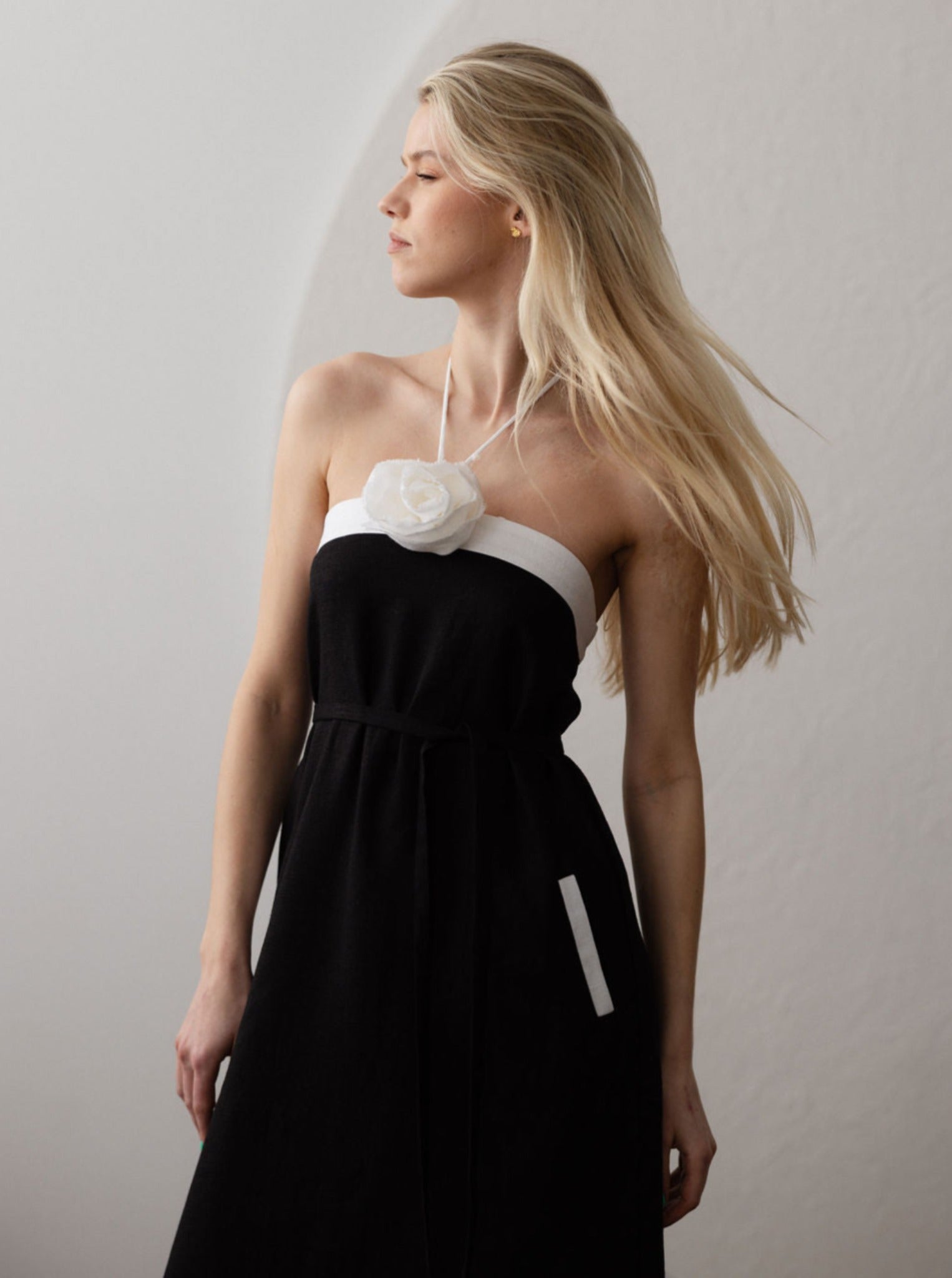 PARIS Linen Halter Dress With Flower Detail