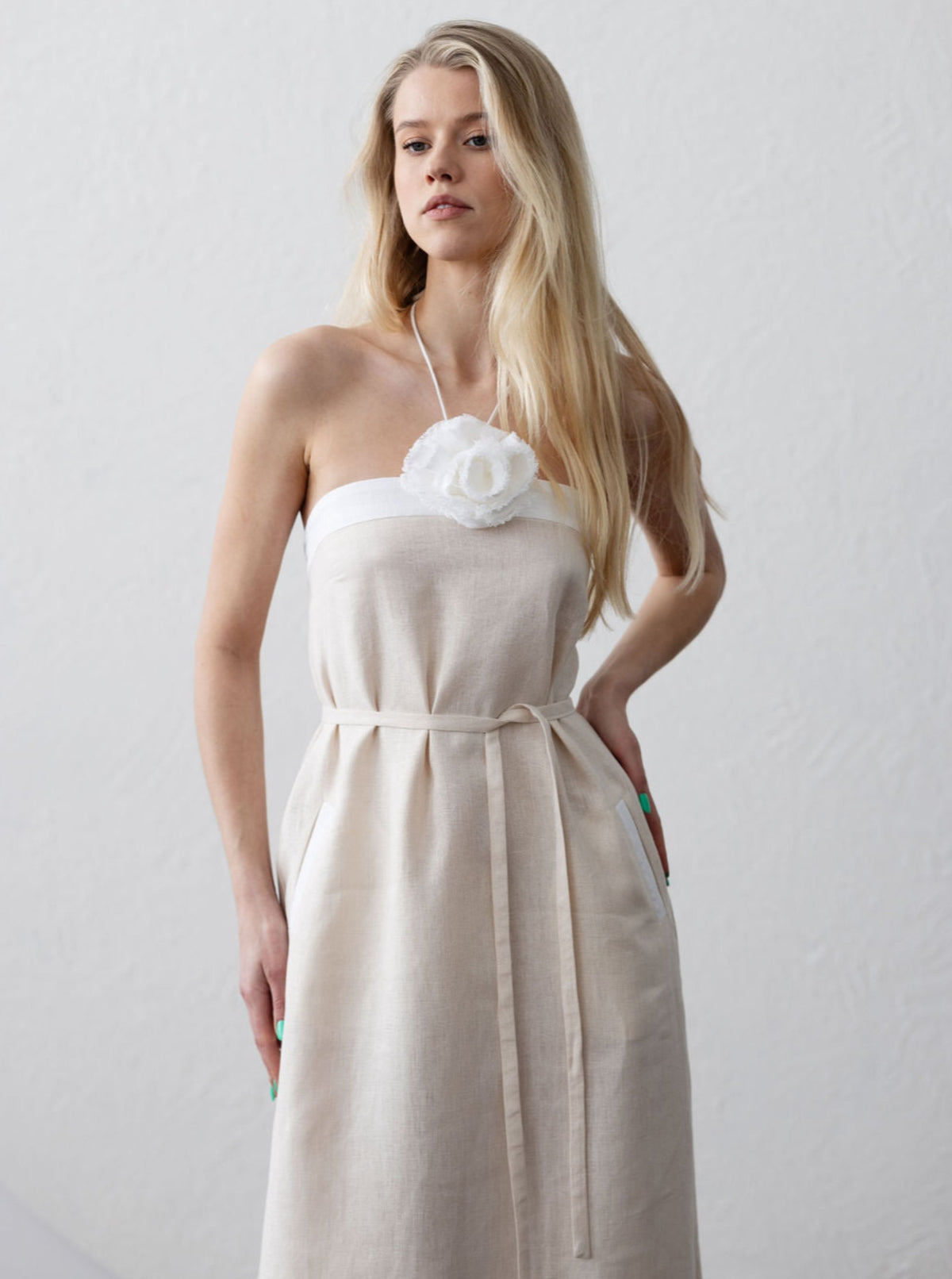 PARIS Linen Halter Dress With Flower Detail
