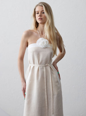 Paris Linen Halter Dress With Flower Detail