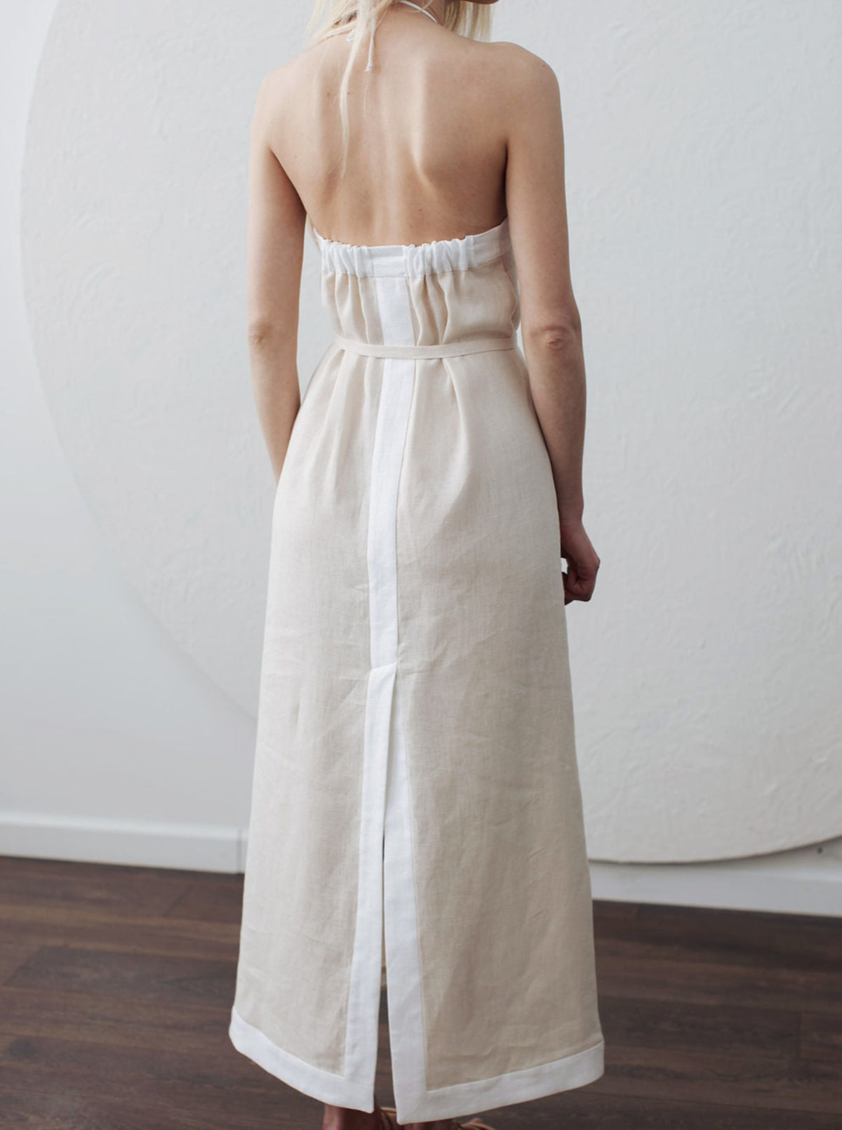 PARIS Linen Halter Dress With Flower Detail
