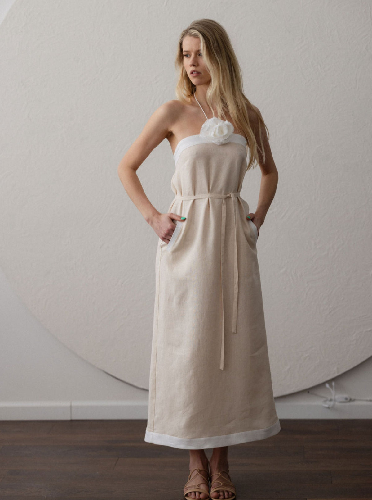 PARIS Linen Halter Dress With Flower Detail