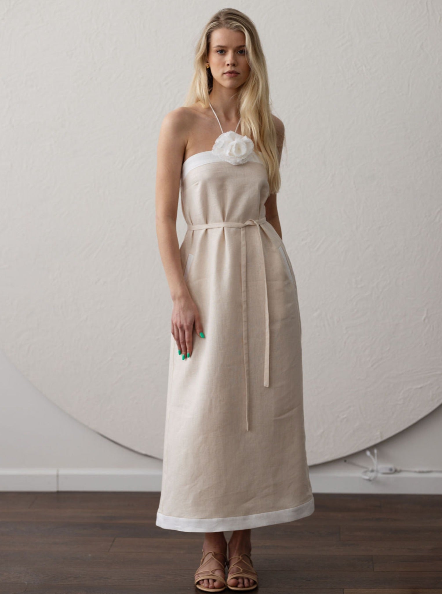 Paris Linen Halter Dress With Flower Detail