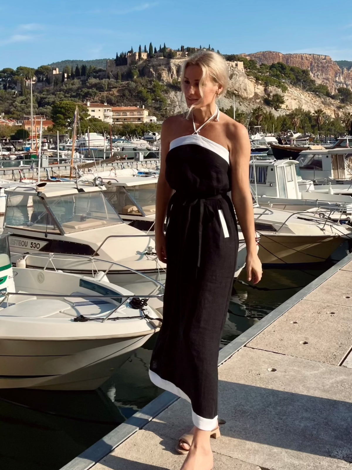 PARIS Linen Halter Dress With Flower Detail