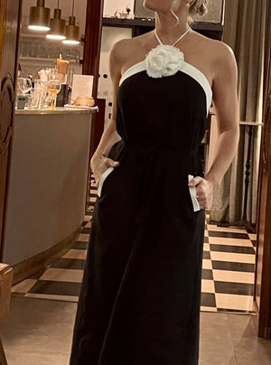 Paris Linen Halter Dress With Flower Detail