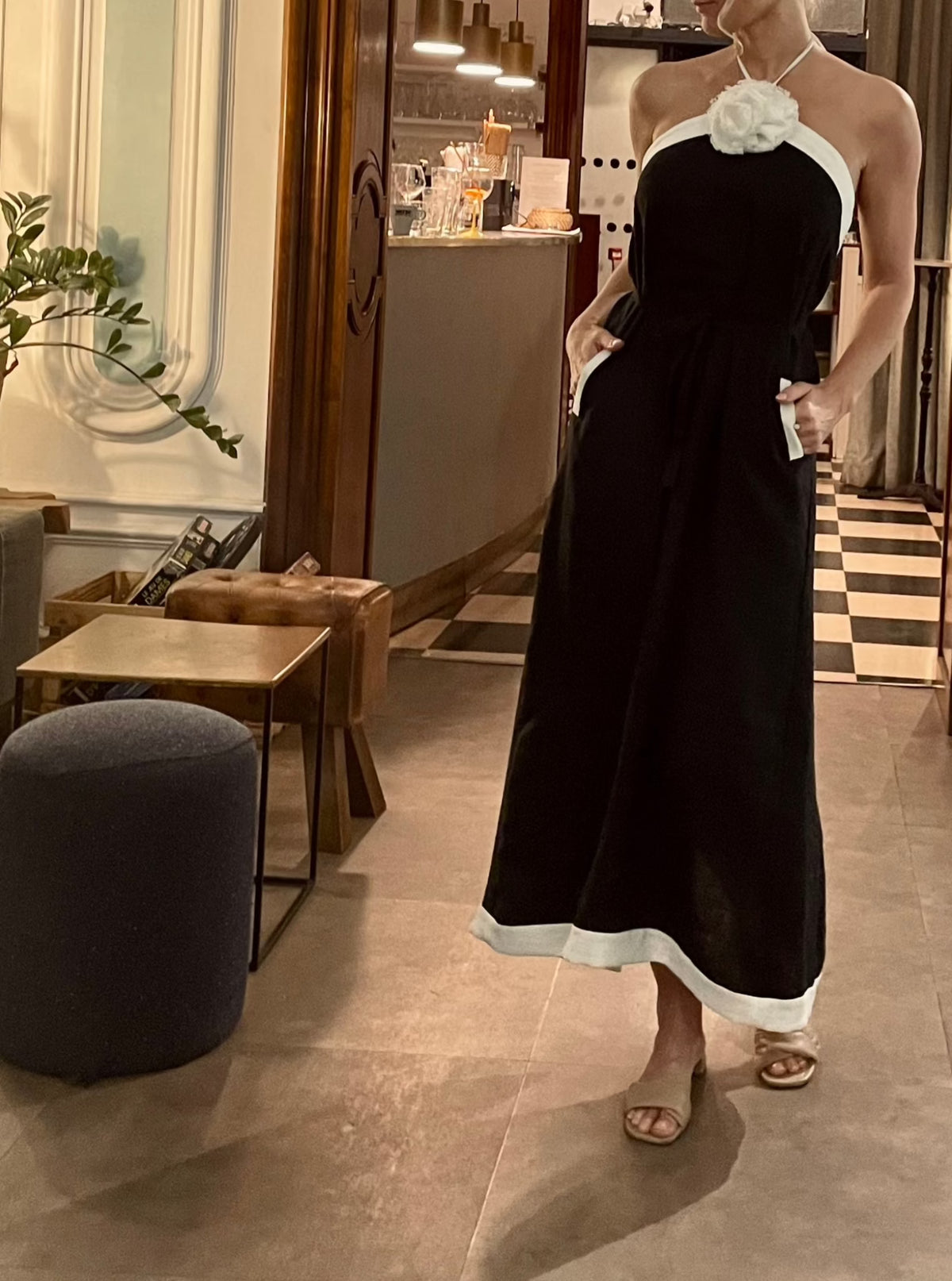 PARIS Linen Halter Dress With Flower Detail