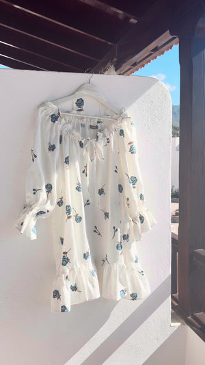 MOONLOVE Mini Linen Dress Blue Roses