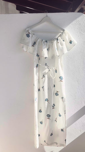 NOLA Midi Linen Dress Blue Roses