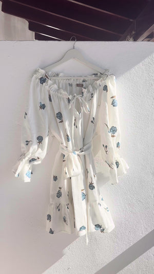 MOONLOVE Mini Linen Dress Blue Roses