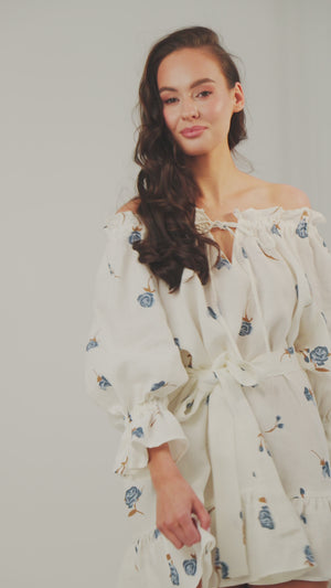 MOONLOVE Mini Linen Dress Blue Roses