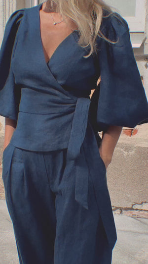 Porto Linen Wide Leg Trousers Navy Blue