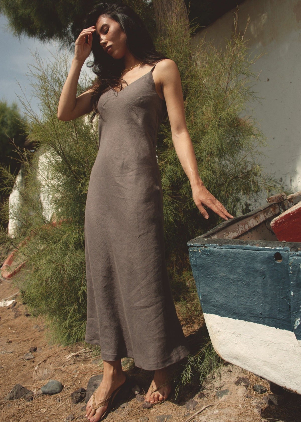 SENSE Linen Slip Dress Dark Brown