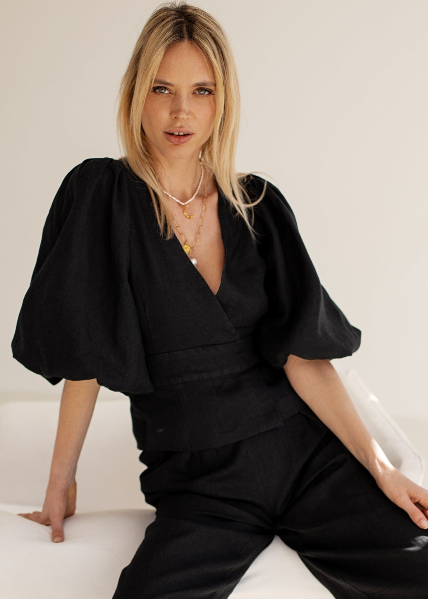 Dune Linen Wrap Blouse With Puff Sleeves Black