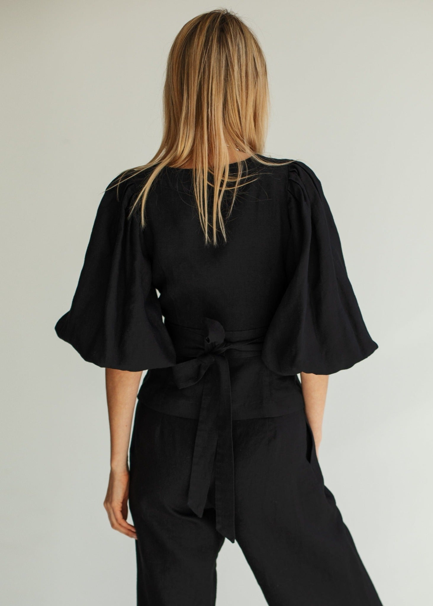 Dune Linen Wrap Blouse With Puff Sleeves Black