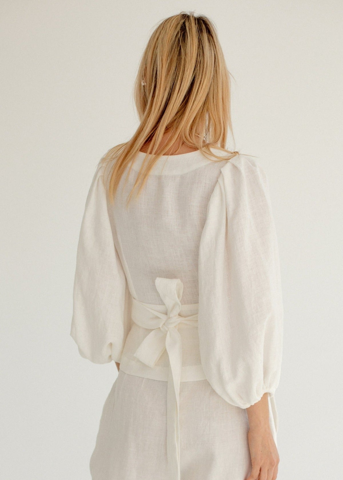 Dune Linen Wrap Blouse With Puff Sleeves White