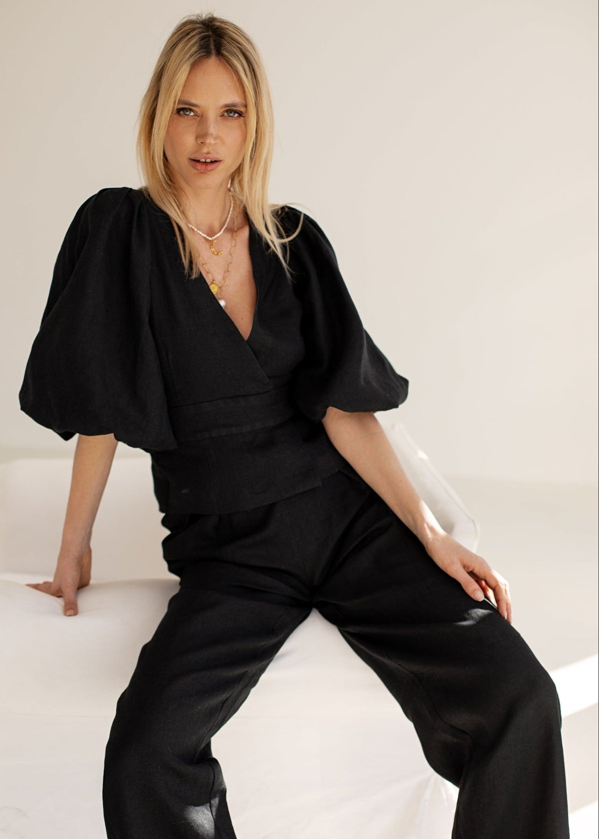 Porto Linen Wide Leg Trousers Black