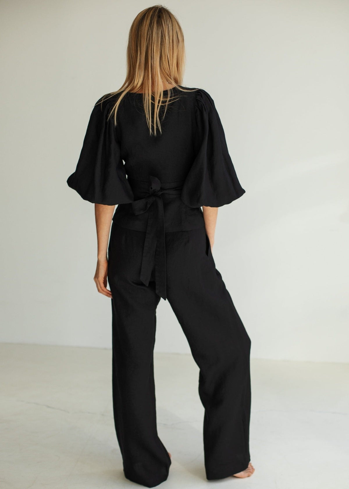 Porto Linen Wide Leg Trousers Black